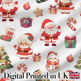 Cute Santa Claus Mrs Claus Snowman Christmas Gift Candy Cane   White Background Digital Print Fabric by the Metre UK Sewing Quilting Textile
