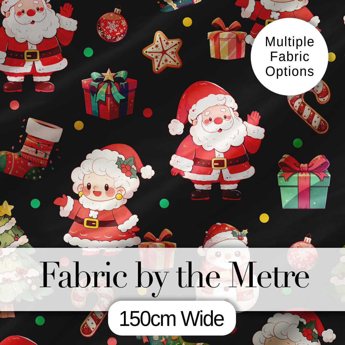 Cute Santa Claus Mrs Claus Snowman Christmas Gift Candy Cane   Black Background Digital Print Fabric by the Metre UK Sewing Quilting Textile