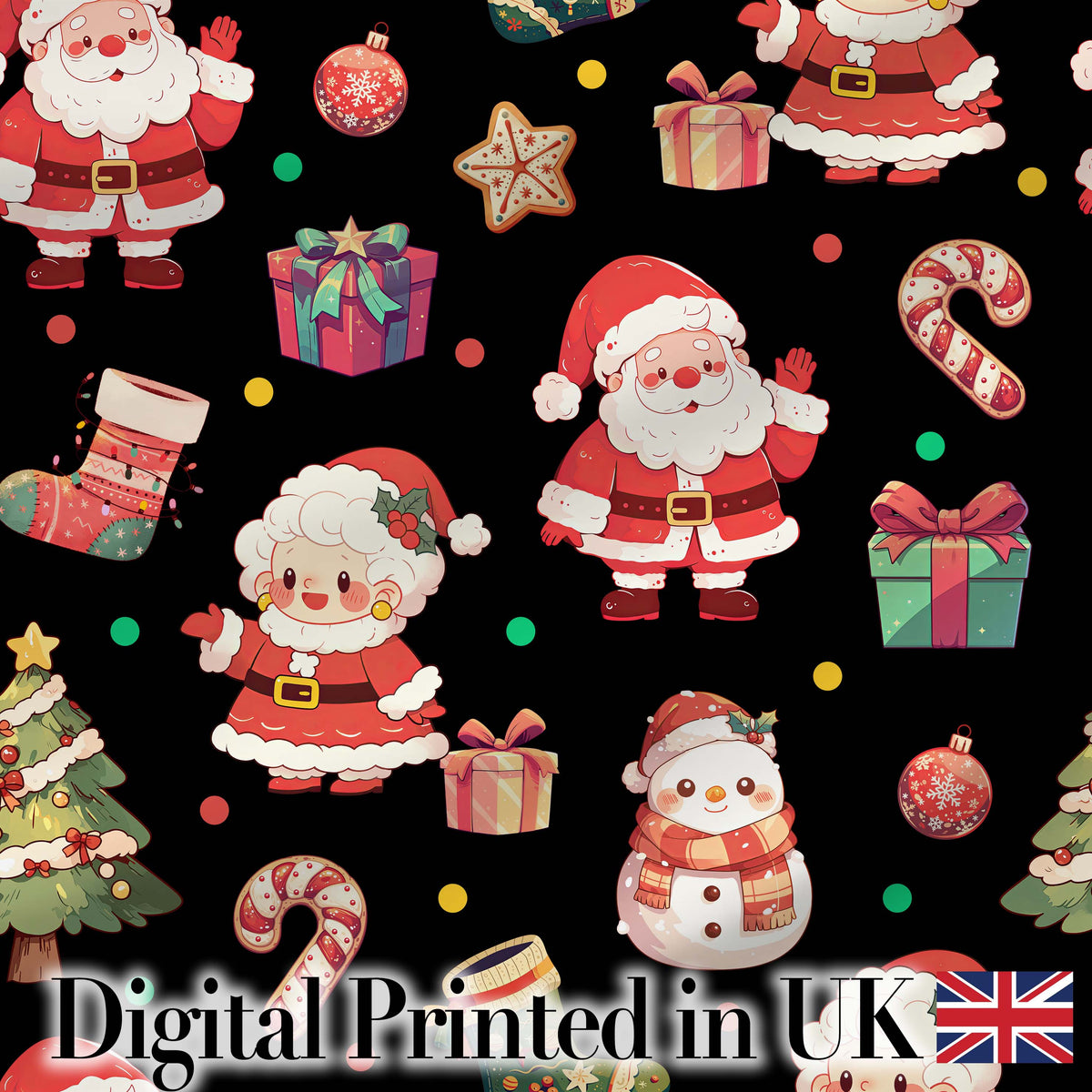 Cute Santa Claus Mrs Claus Snowman Christmas Gift Candy Cane   Black Background Digital Print Fabric by the Metre UK Sewing Quilting Textile