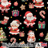 Cute Santa Claus Mrs Claus Snowman Christmas Gift Candy Cane   Black Background Digital Print Fabric by the Metre UK Sewing Quilting Textile