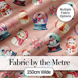 Cute Snowman Snow Globe Poinsettia Flower Christmas  Pattern Peach Background Digital Print Fabric by the Metre UK Sewing Quilting Textile