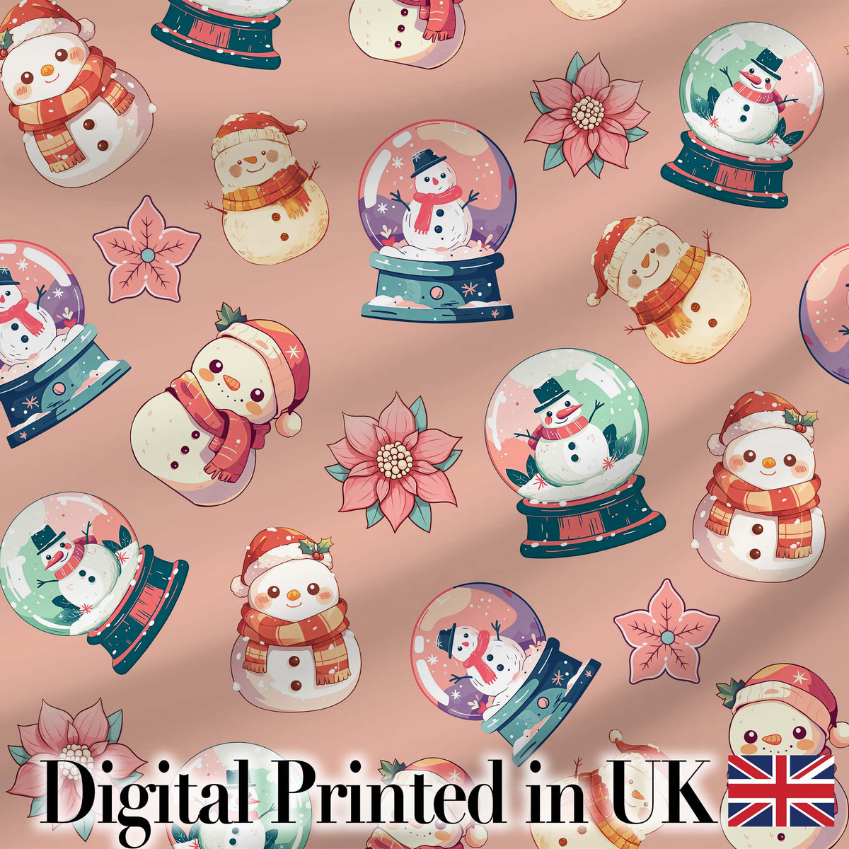 Cute Snowman Snow Globe Poinsettia Flower Christmas  Pattern Peach Background Digital Print Fabric by the Metre UK Sewing Quilting Textile