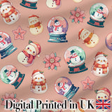 Cute Snowman Snow Globe Poinsettia Flower Christmas  Pattern Peach Background Digital Print Fabric by the Metre UK Sewing Quilting Textile