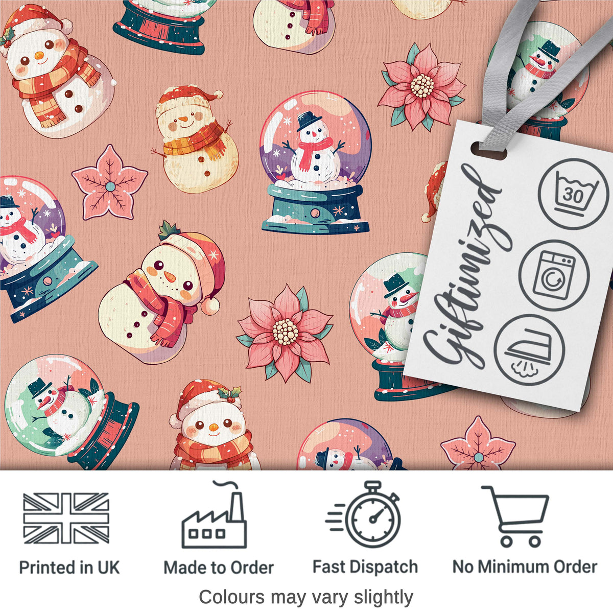 Cute Snowman Snow Globe Poinsettia Flower Christmas  Pattern Peach Background Digital Print Fabric by the Metre UK Sewing Quilting Textile