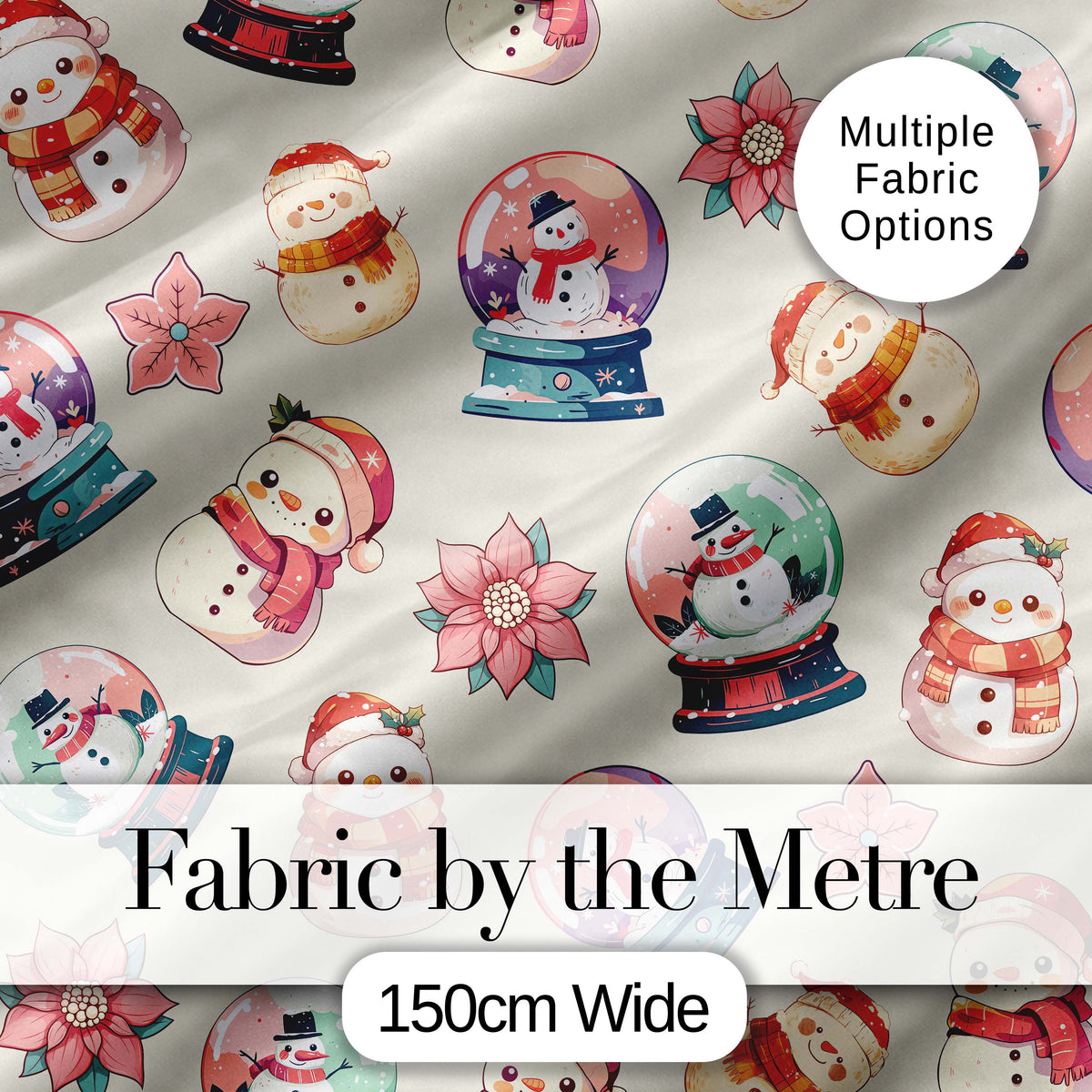 Cute Snowman Snow Globe Poinsettia Flower Christmas  Pattern Cream Background Digital Print Fabric by the Metre UK Sewing Quilting Textile