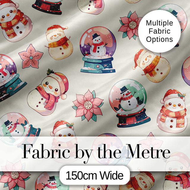 Cute Snowman Snow Globe Poinsettia Flower Christmas  Pattern Cream Background Digital Print Fabric by the Metre UK Sewing Quilting Textile