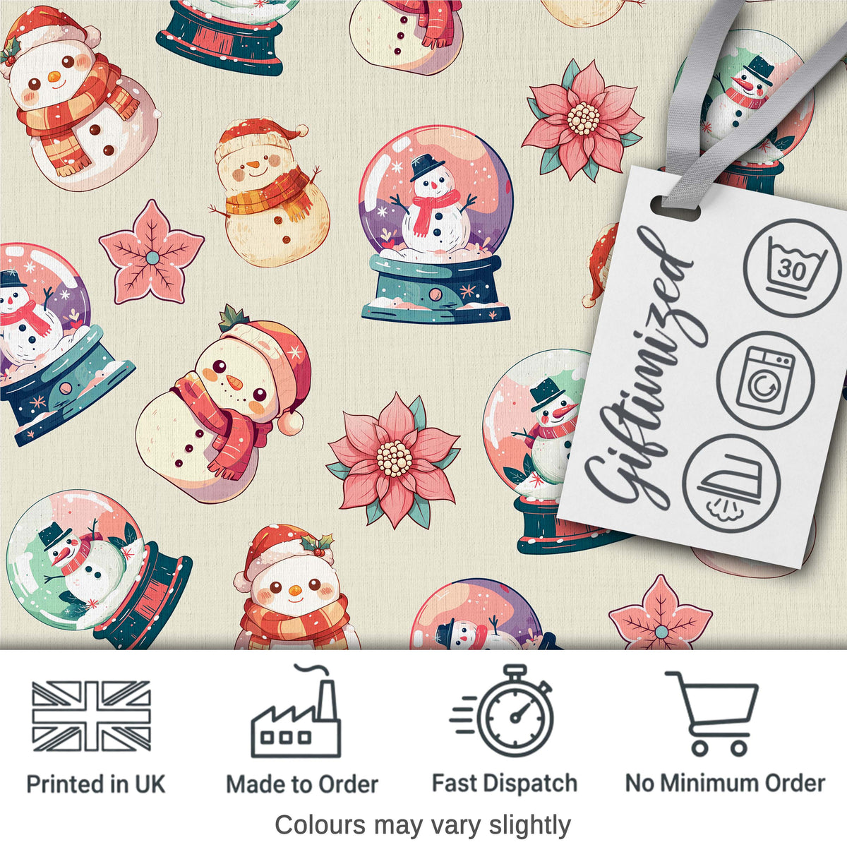 Cute Snowman Snow Globe Poinsettia Flower Christmas  Pattern Cream Background Digital Print Fabric by the Metre UK Sewing Quilting Textile