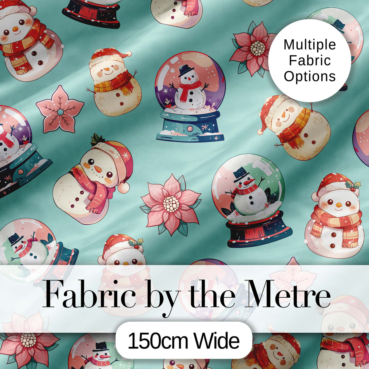 Cute Snowman Snow Globe Poinsettia Flower Christmas  Pattern Teal Background Digital Print Fabric by the Metre UK Sewing Quilting Textile