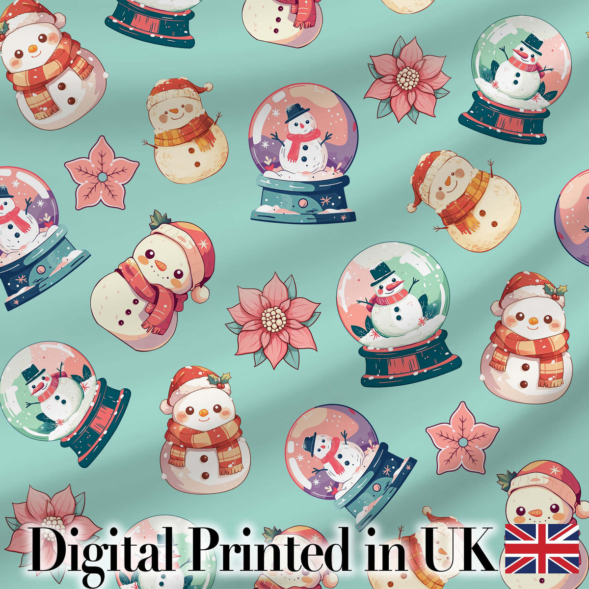 Cute Snowman Snow Globe Poinsettia Flower Christmas  Pattern Teal Background Digital Print Fabric by the Metre UK Sewing Quilting Textile