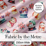 Cute Snowman Snow Globe Poinsettia Flower Christmas   Light Pink Background Digital Print Fabric by the Metre UK Sewing Quilting Textile