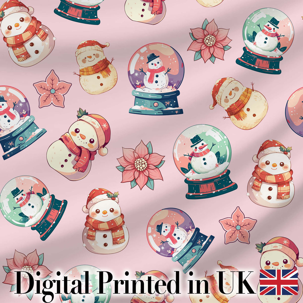 Cute Snowman Snow Globe Poinsettia Flower Christmas   Light Pink Background Digital Print Fabric by the Metre UK Sewing Quilting Textile