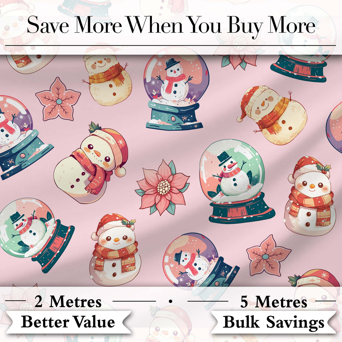 Cute Snowman Snow Globe Poinsettia Flower Christmas   Light Pink Background Digital Print Fabric by the Metre UK Sewing Quilting Textile