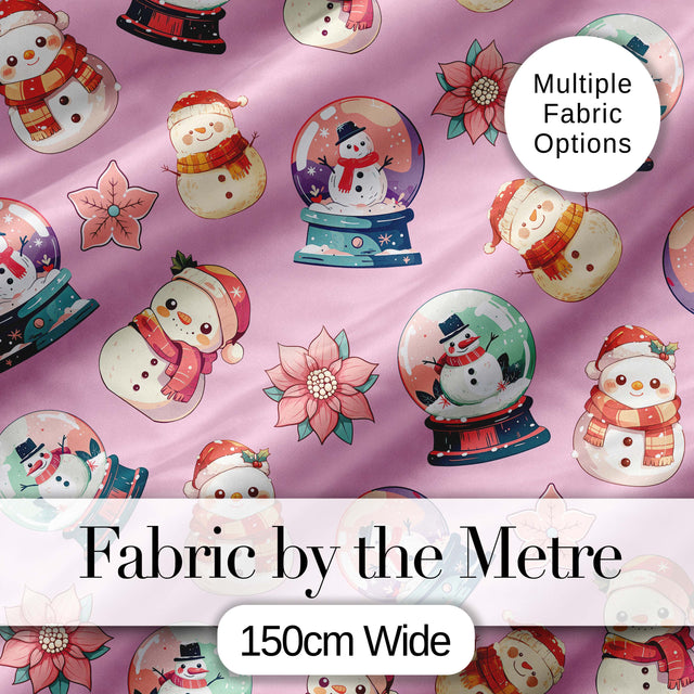 Cute Snowman Snow Globe Poinsettia Flower Christmas   Dusty Pink Background Digital Print Fabric by the Metre UK Sewing Quilting Textile