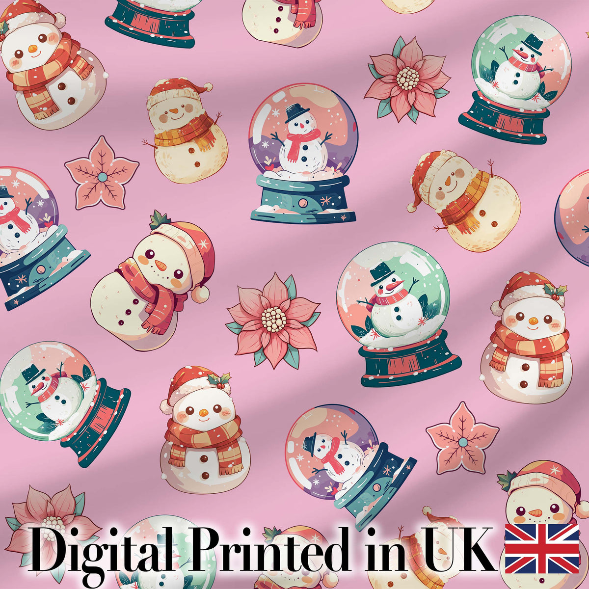 Cute Snowman Snow Globe Poinsettia Flower Christmas   Dusty Pink Background Digital Print Fabric by the Metre UK Sewing Quilting Textile