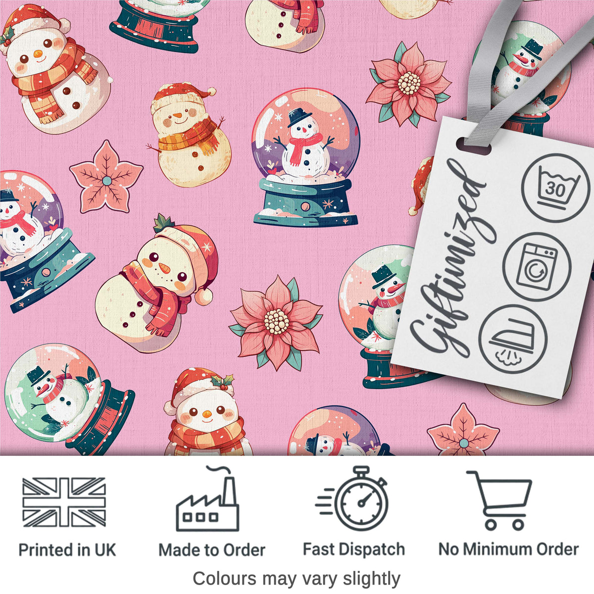 Cute Snowman Snow Globe Poinsettia Flower Christmas   Dusty Pink Background Digital Print Fabric by the Metre UK Sewing Quilting Textile