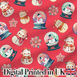 Cute Snowman Snow Globe Poinsettia Flower Christmas  Pattern Red Background Digital Print Fabric by the Metre UK Sewing Quilting Textile