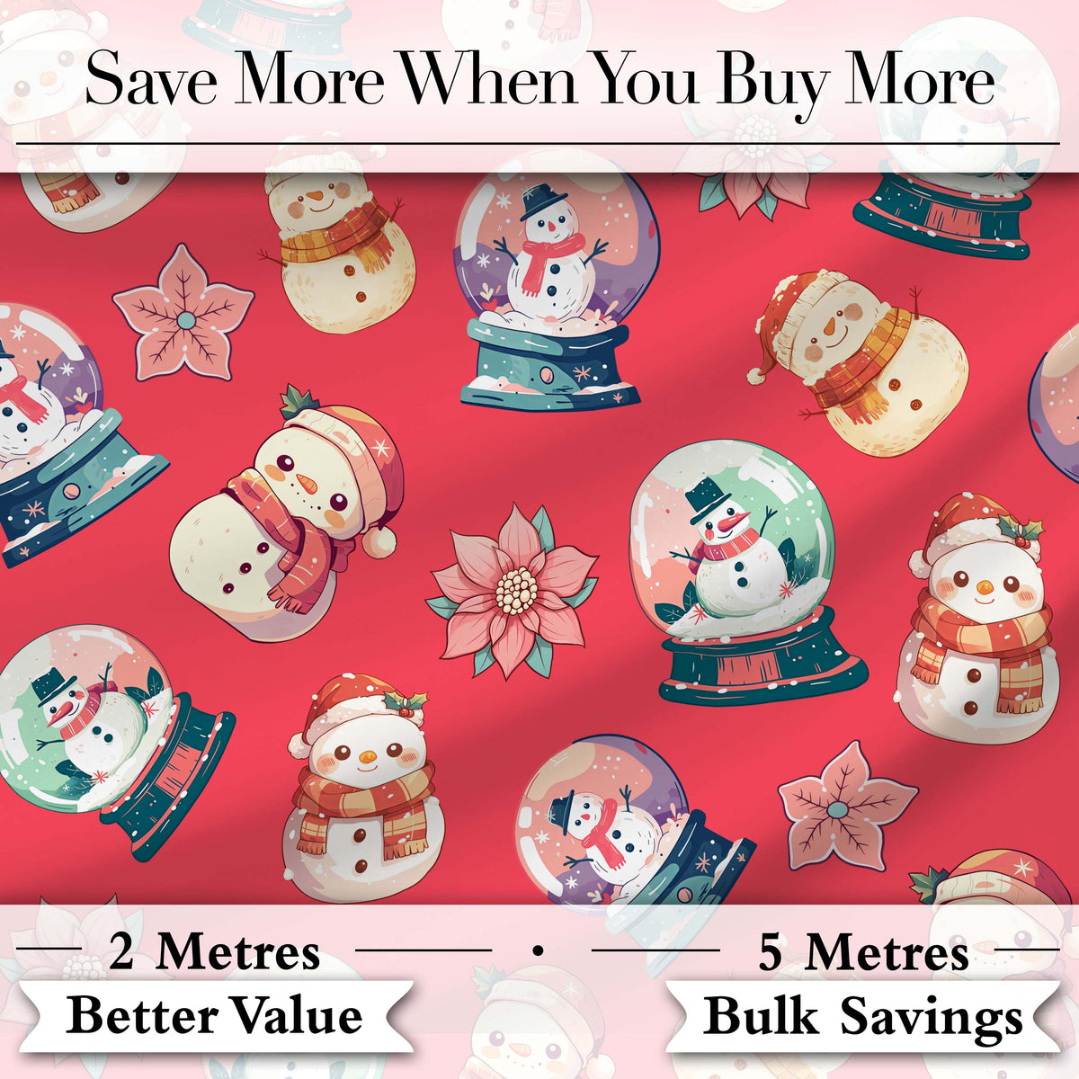 Cute Snowman Snow Globe Poinsettia Flower Christmas  Pattern Red Background Digital Print Fabric by the Metre UK Sewing Quilting Textile