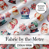Cute Snowman Snow Globe Poinsettia Flower Christmas  Pattern White Background Digital Print Fabric by the Metre UK Sewing Quilting Textile