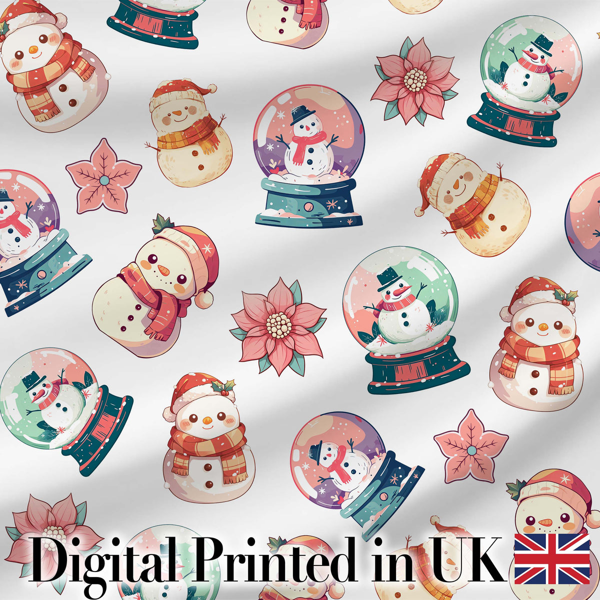 Cute Snowman Snow Globe Poinsettia Flower Christmas  Pattern White Background Digital Print Fabric by the Metre UK Sewing Quilting Textile
