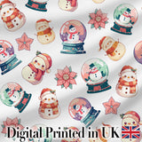 Cute Snowman Snow Globe Poinsettia Flower Christmas  Pattern White Background Digital Print Fabric by the Metre UK Sewing Quilting Textile