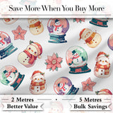 Cute Snowman Snow Globe Poinsettia Flower Christmas  Pattern White Background Digital Print Fabric by the Metre UK Sewing Quilting Textile
