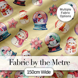 Cute Snowman Snow Globe Poinsettia Flower Christmas  Pattern Yellow Background Digital Print Fabric by the Metre UK Sewing Quilting Textile