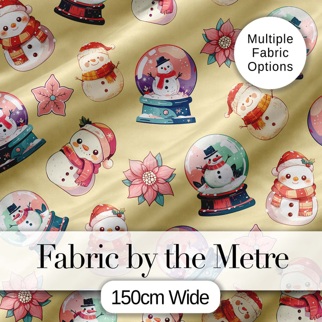 Cute Snowman Snow Globe Poinsettia Flower Christmas  Pattern Yellow Background Digital Print Fabric by the Metre UK Sewing Quilting Textile