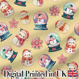 Cute Snowman Snow Globe Poinsettia Flower Christmas  Pattern Yellow Background Digital Print Fabric by the Metre UK Sewing Quilting Textile