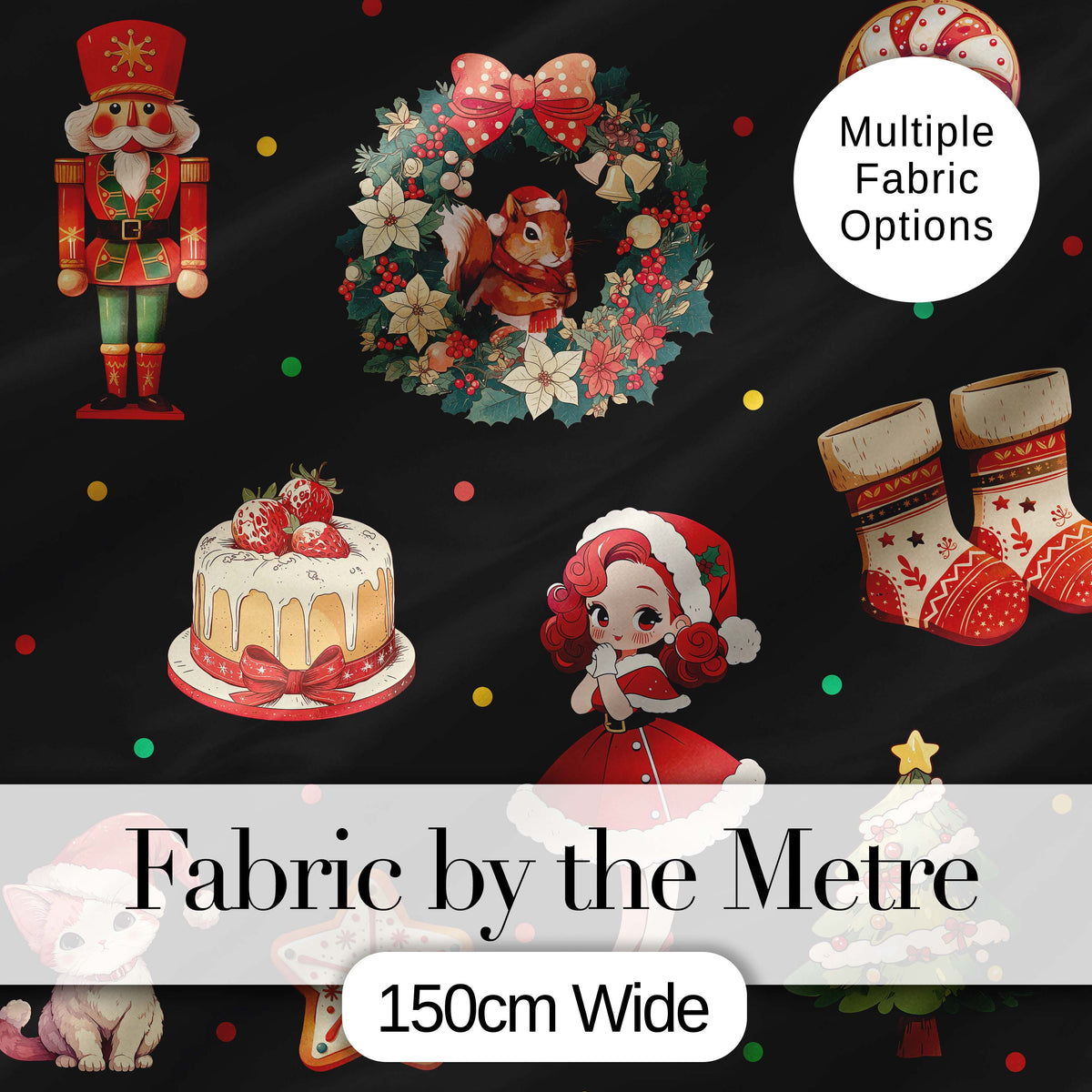 Cute Christmas Nutcracker Squirrel Cake Candy Cane Girl Tree   Black Background Digital Print Fabric by the Metre UK Sewing Quilting Textile