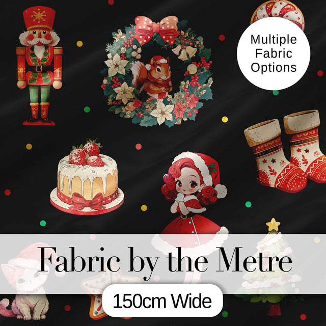 Cute Christmas Nutcracker Squirrel Cake Candy Cane Girl Tree   Black Background Digital Print Fabric by the Metre UK Sewing Quilting Textile
