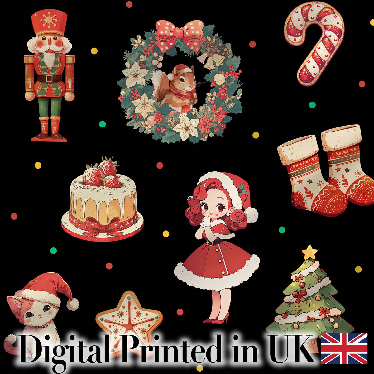 Cute Christmas Nutcracker Squirrel Cake Candy Cane Girl Tree   Black Background Digital Print Fabric by the Metre UK Sewing Quilting Textile