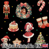 Cute Christmas Nutcracker Squirrel Cake Candy Cane Girl Tree   Black Background Digital Print Fabric by the Metre UK Sewing Quilting Textile