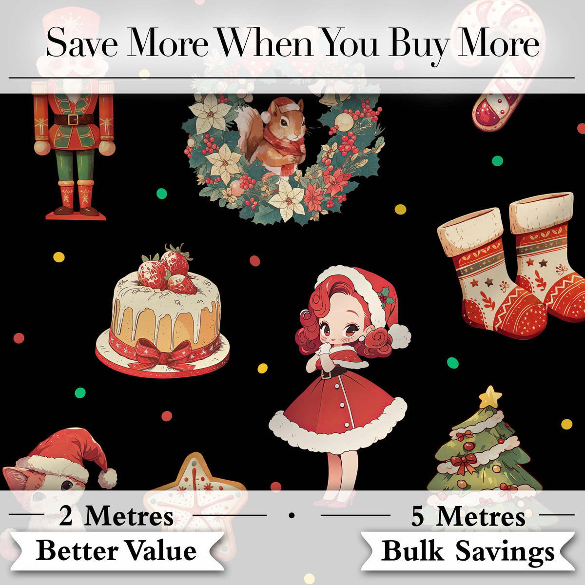 Cute Christmas Nutcracker Squirrel Cake Candy Cane Girl Tree   Black Background Digital Print Fabric by the Metre UK Sewing Quilting Textile