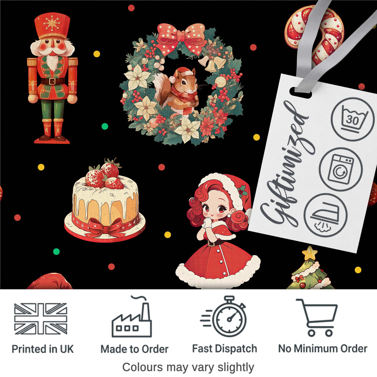 Cute Christmas Nutcracker Squirrel Cake Candy Cane Girl Tree   Black Background Digital Print Fabric by the Metre UK Sewing Quilting Textile
