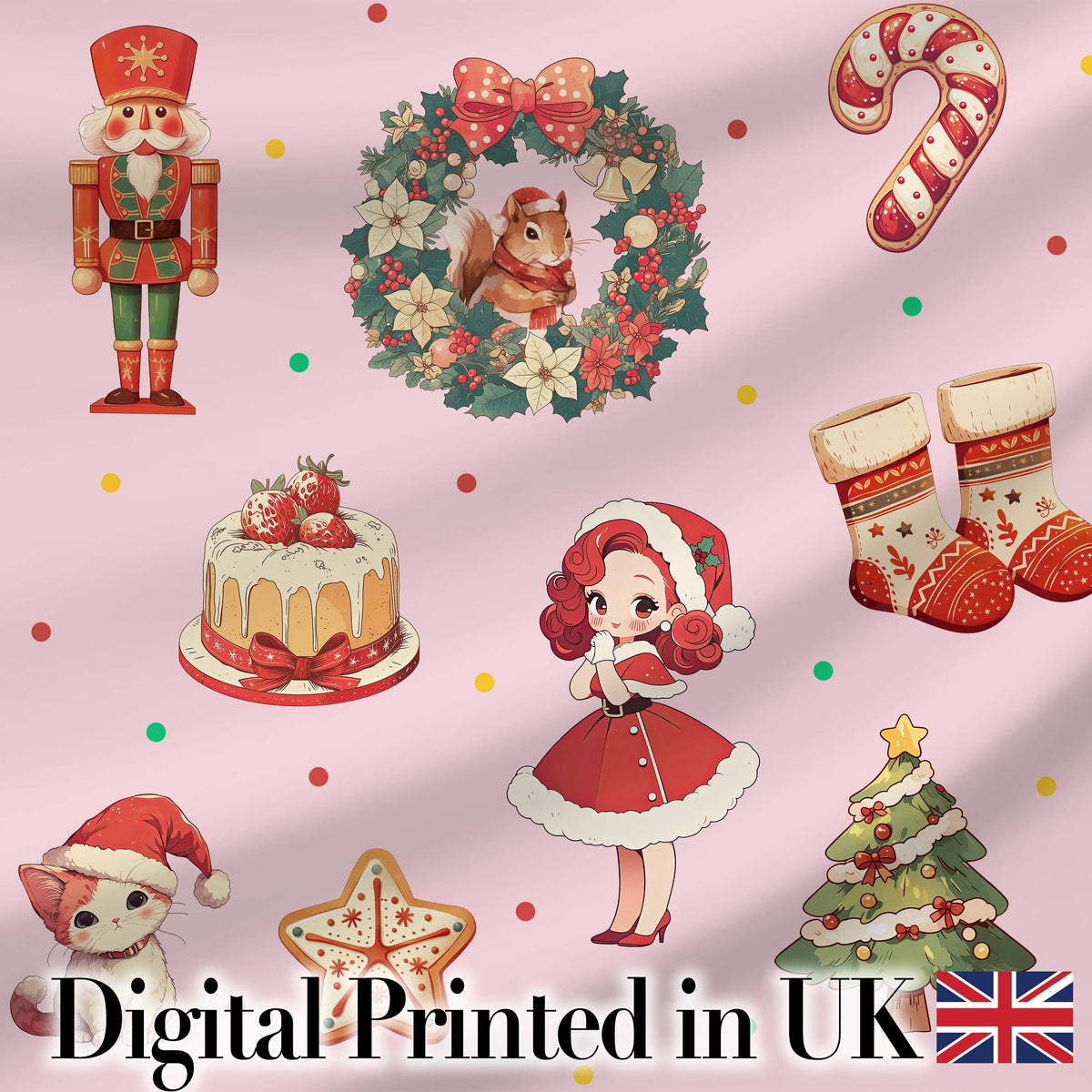 Christmas Nutcracker Squirrel Cake Candy Cane Girl Tree   Light Pink Background Digital Print Fabric by the Metre UK Sewing Quilting Textile