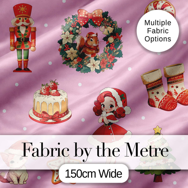 Cute Christmas Nutcracker  Squirrel Cake Candy Cane Girl Tree  Pink Background Digital Print Fabric by the Metre UK Sewing Quilting Textile