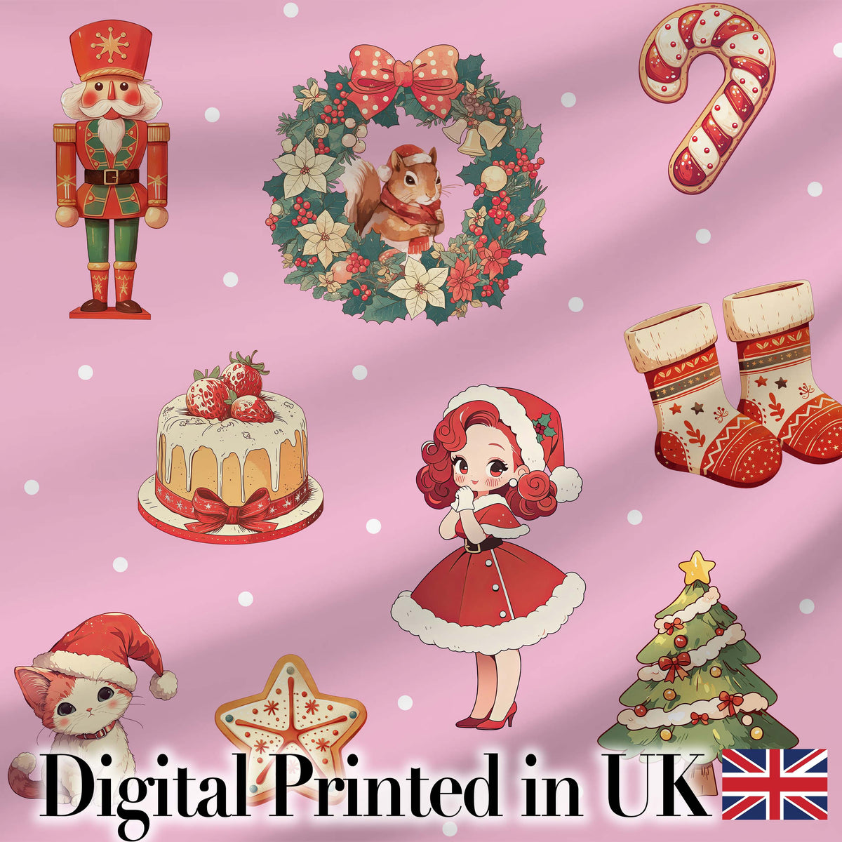 Cute Christmas Nutcracker  Squirrel Cake Candy Cane Girl Tree  Pink Background Digital Print Fabric by the Metre UK Sewing Quilting Textile