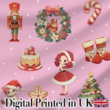 Cute Christmas Nutcracker  Squirrel Cake Candy Cane Girl Tree  Pink Background Digital Print Fabric by the Metre UK Sewing Quilting Textile