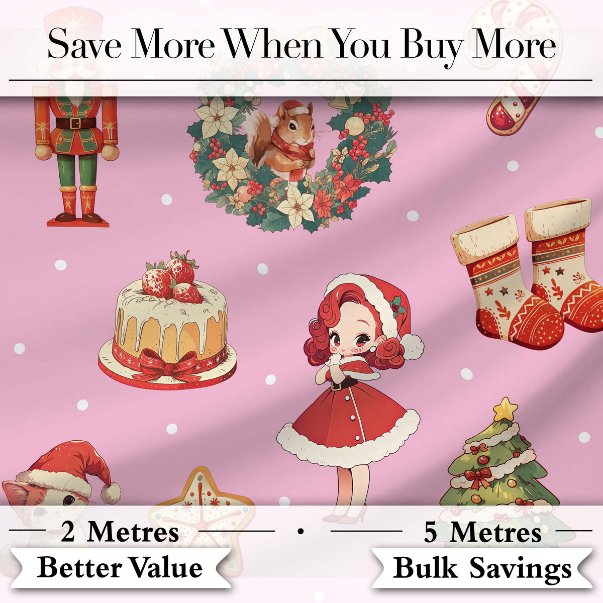 Cute Christmas Nutcracker  Squirrel Cake Candy Cane Girl Tree  Pink Background Digital Print Fabric by the Metre UK Sewing Quilting Textile