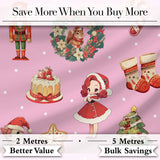 Cute Christmas Nutcracker  Squirrel Cake Candy Cane Girl Tree  Pink Background Digital Print Fabric by the Metre UK Sewing Quilting Textile