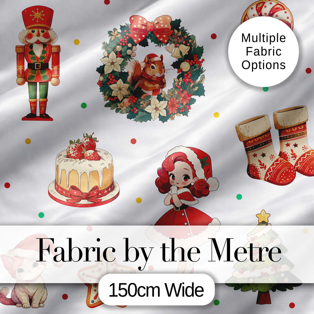Cute Christmas Nutcracker  Squirrel Cake Candy Cane Girl Tree  White Background Digital Print Fabric by the Metre UK Sewing Quilting Textile