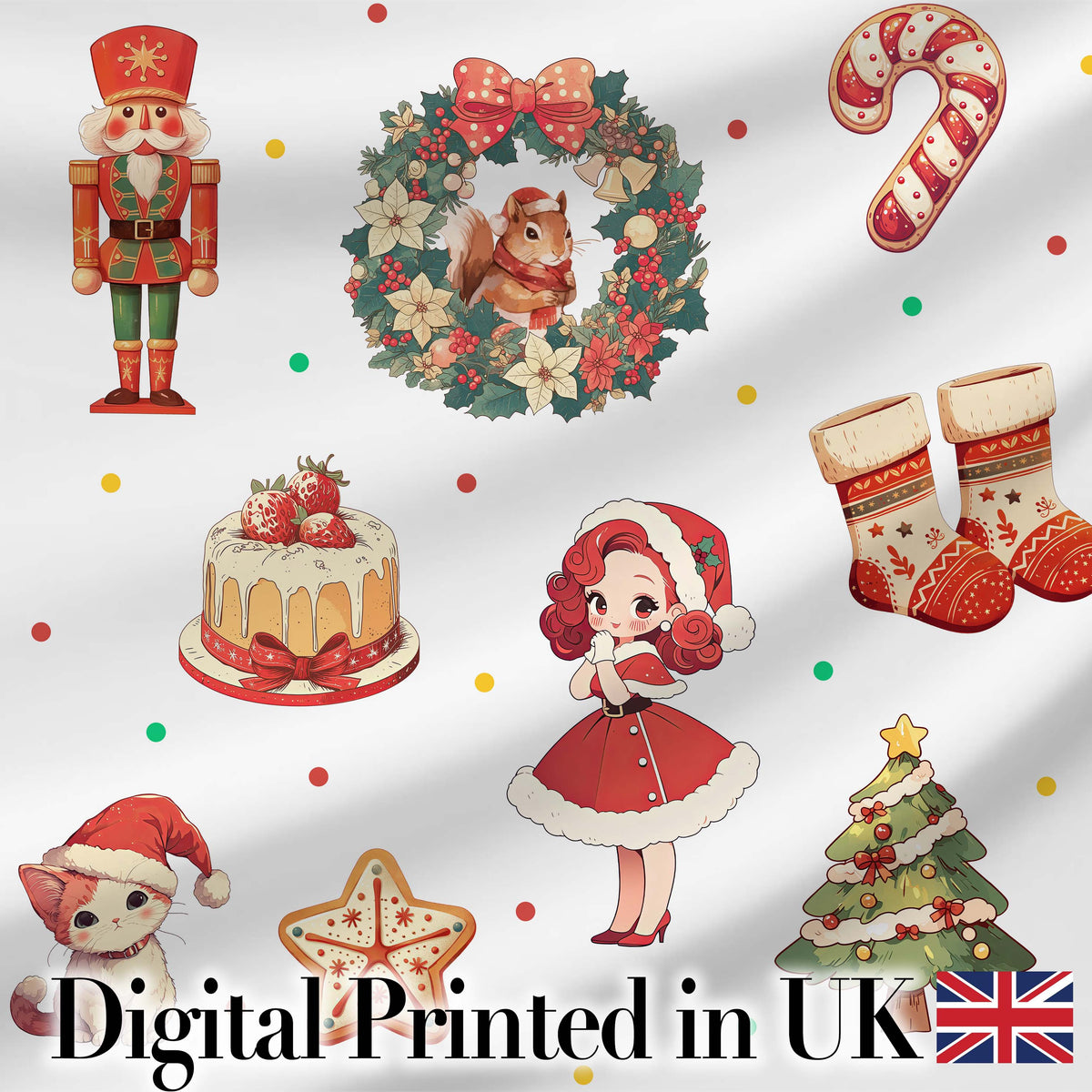 Cute Christmas Nutcracker  Squirrel Cake Candy Cane Girl Tree  White Background Digital Print Fabric by the Metre UK Sewing Quilting Textile