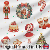 Cute Christmas Nutcracker  Squirrel Cake Candy Cane Girl Tree  White Background Digital Print Fabric by the Metre UK Sewing Quilting Textile