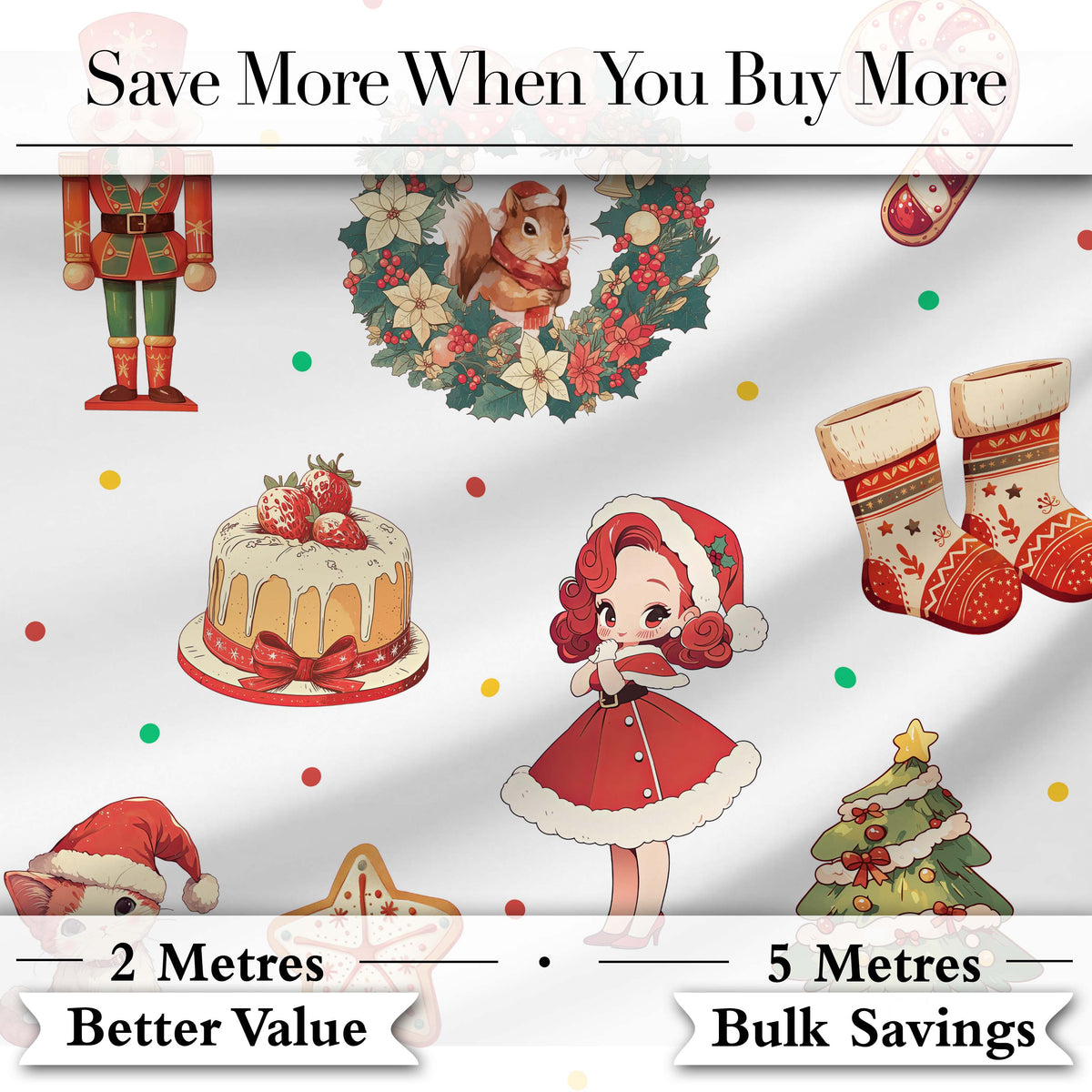 Cute Christmas Nutcracker  Squirrel Cake Candy Cane Girl Tree  White Background Digital Print Fabric by the Metre UK Sewing Quilting Textile