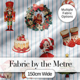 Christmas Nutcracker  Squirrel Cake Candy Cane Girl Tree lue Stripe Background Digital Print Fabric by the Metre UK Sewing Quilting Textile