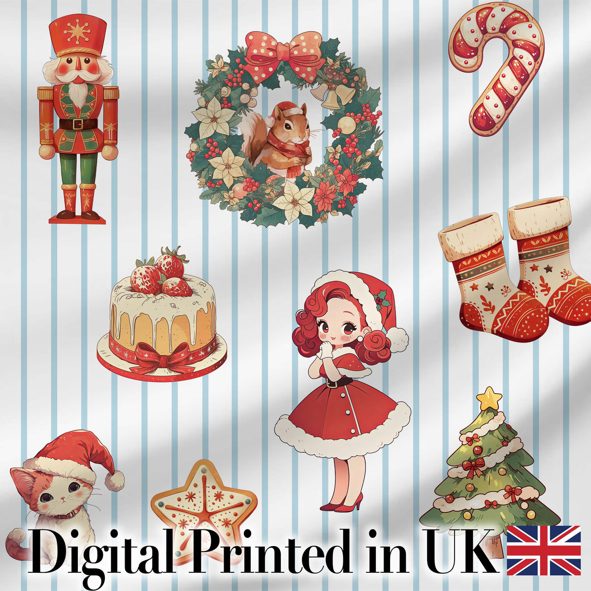 Christmas Nutcracker  Squirrel Cake Candy Cane Girl Tree lue Stripe Background Digital Print Fabric by the Metre UK Sewing Quilting Textile