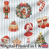 Christmas Nutcracker  Squirrel Cake Candy Cane Girl Tree lue Stripe Background Digital Print Fabric by the Metre UK Sewing Quilting Textile