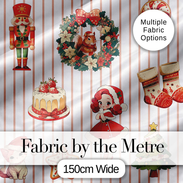 Christmas Nutcracker Squirrel Cake Candy Cane Girl Tree Beige Stripe Background Digital Print Fabric by the Metre UK Sewing Quilting Textile