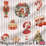 Christmas Nutcracker Squirrel Cake Candy Cane Girl Tree Beige Stripe Background Digital Print Fabric by the Metre UK Sewing Quilting Textile