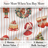 Christmas Nutcracker Squirrel Cake Candy Cane Girl Tree Beige Stripe Background Digital Print Fabric by the Metre UK Sewing Quilting Textile